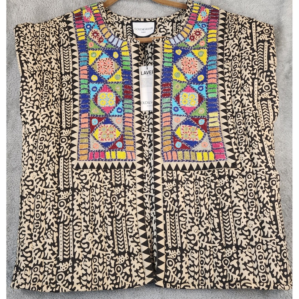 Gold & Silver Paris Vest Womens One Size Black Beige Embroidered Quilted Boho